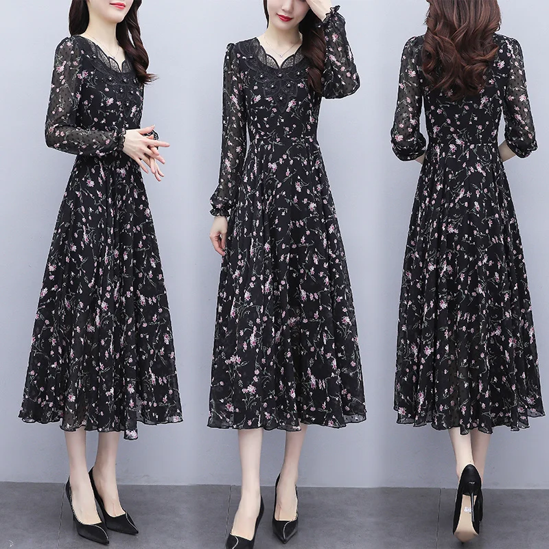 

Платье с длинным рукавом и цветочным принтом, осень 2021, приталенное платье средней длины с V-образным вырезом и принтом для пышных девушек