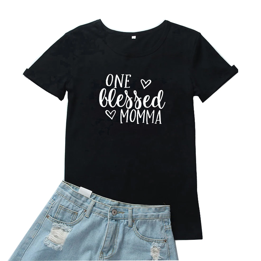 

One Blessed Momma T Shirt Women Heart-shape Letter Pattern Tee Women Loose O-neck Tshirt Women Vintage Print Women T-shirts