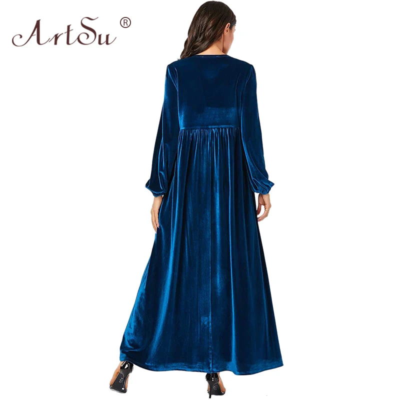 

ArtSu 2019 Winter Retro Ethnic Floral Embroidery Maxi Dress Long Sleeve Casual Loose Oversized Dresses Women Velvet Dress 4XL