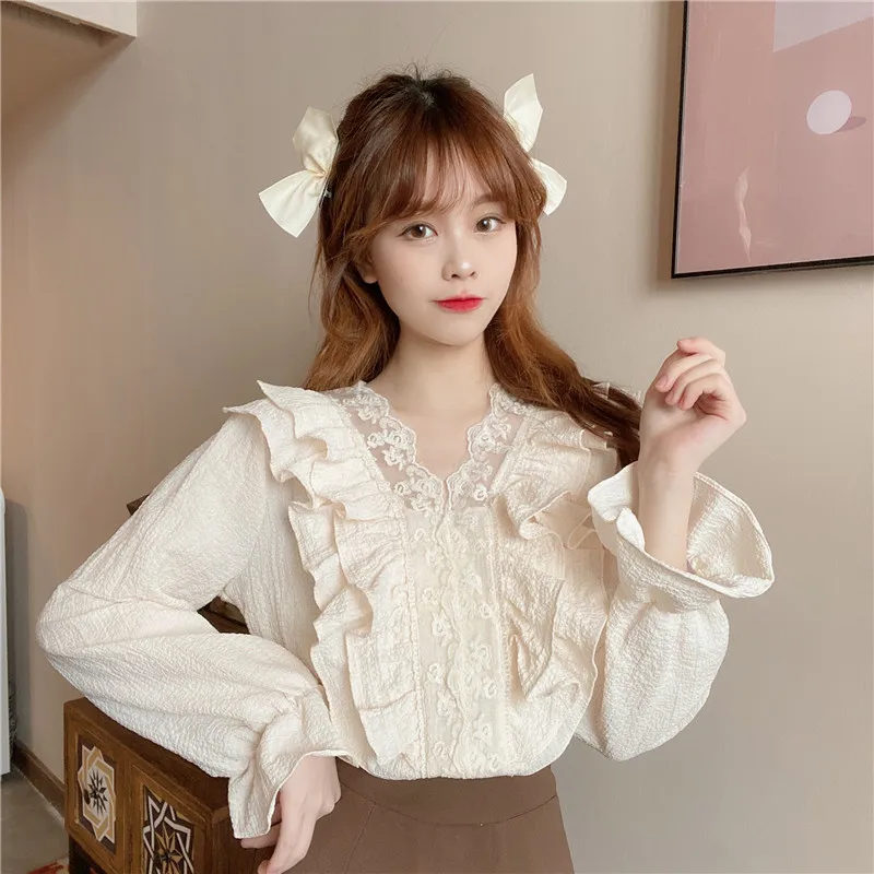 

Spring Women's Blouse Patchwork Lace Ruffles V Neck Loose Long Sleeve Casual Shirts Ladies Pullover Tops