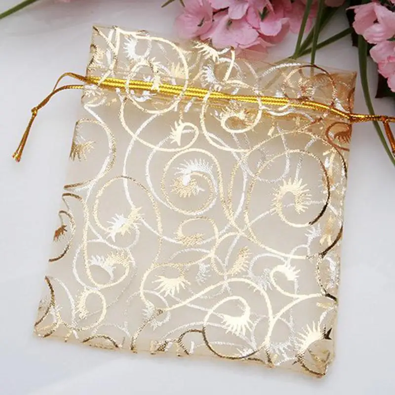 

2021 Fashion 100pcs/lot Organza Gold Coralline Custom Jewelry Tea Packaging Bags Organza Wedding Gift Bags Saquinho De Organza