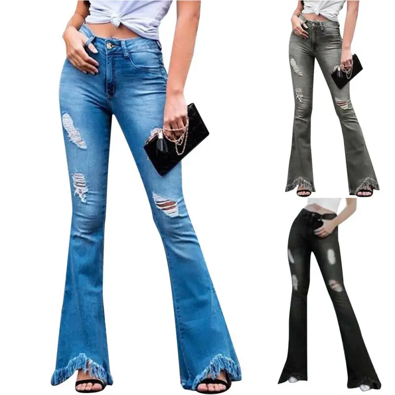 Womens High Waisted Denim Long Pants Ripped Flared Skinny Jeans Casual Trousers