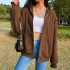 Женская винтажная толстовка с капюшоном, коричневая куртка большого размера на молнии с карманами, осенняя Женская толстовка с длинным рукавом, Y2K, 2021