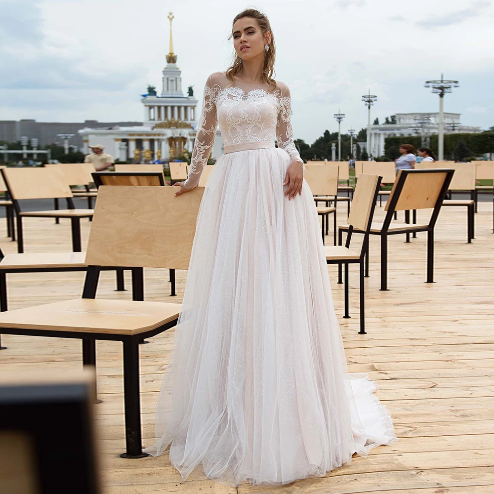 

Modest Long Sleeve Weding Dress 2021 O-neck Applique Sweep Train A Line Tulle Bridal Gowns