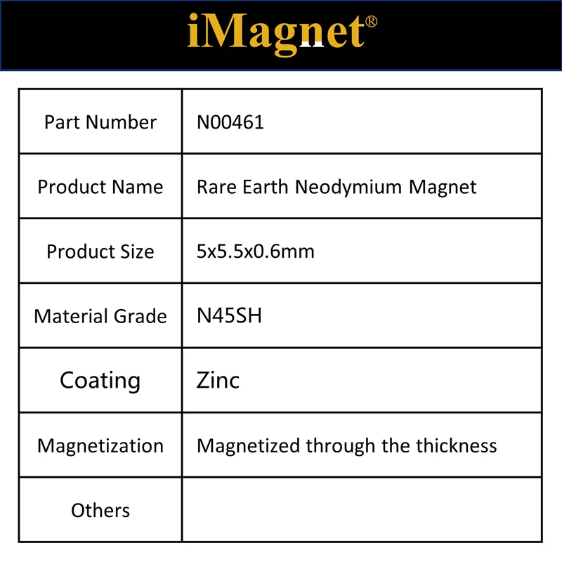 

N00461 50/100/200pcs N45SH Block Rare Earth Neodymium Magnet,5x5.5x0.6mm,Cuboid Ndfeb Magnet ,Magnet for refrigerator