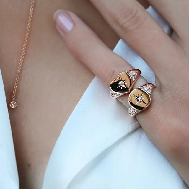 Hot Fashion Gold Color Simple Design Heart Star Ring Midi Minimal Paved Cz Delicate North Star Top Quality Cute Elegant Jewelry