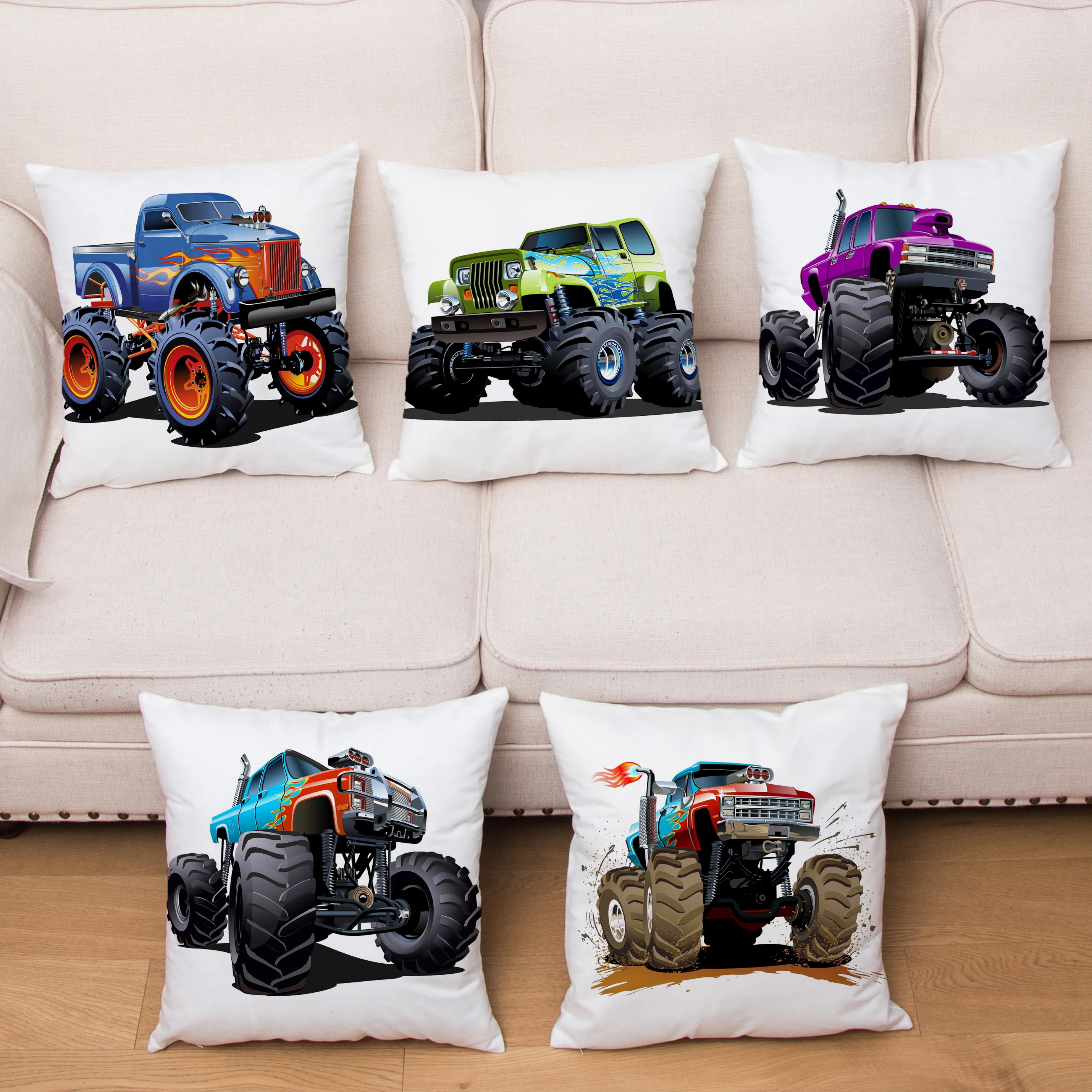 

Cartoon Monster Truck Print Cushion Cover Soft Plush Pillowcase 45X45 Square Pillows Covers Sofa Home Decor Throw Pillow Case