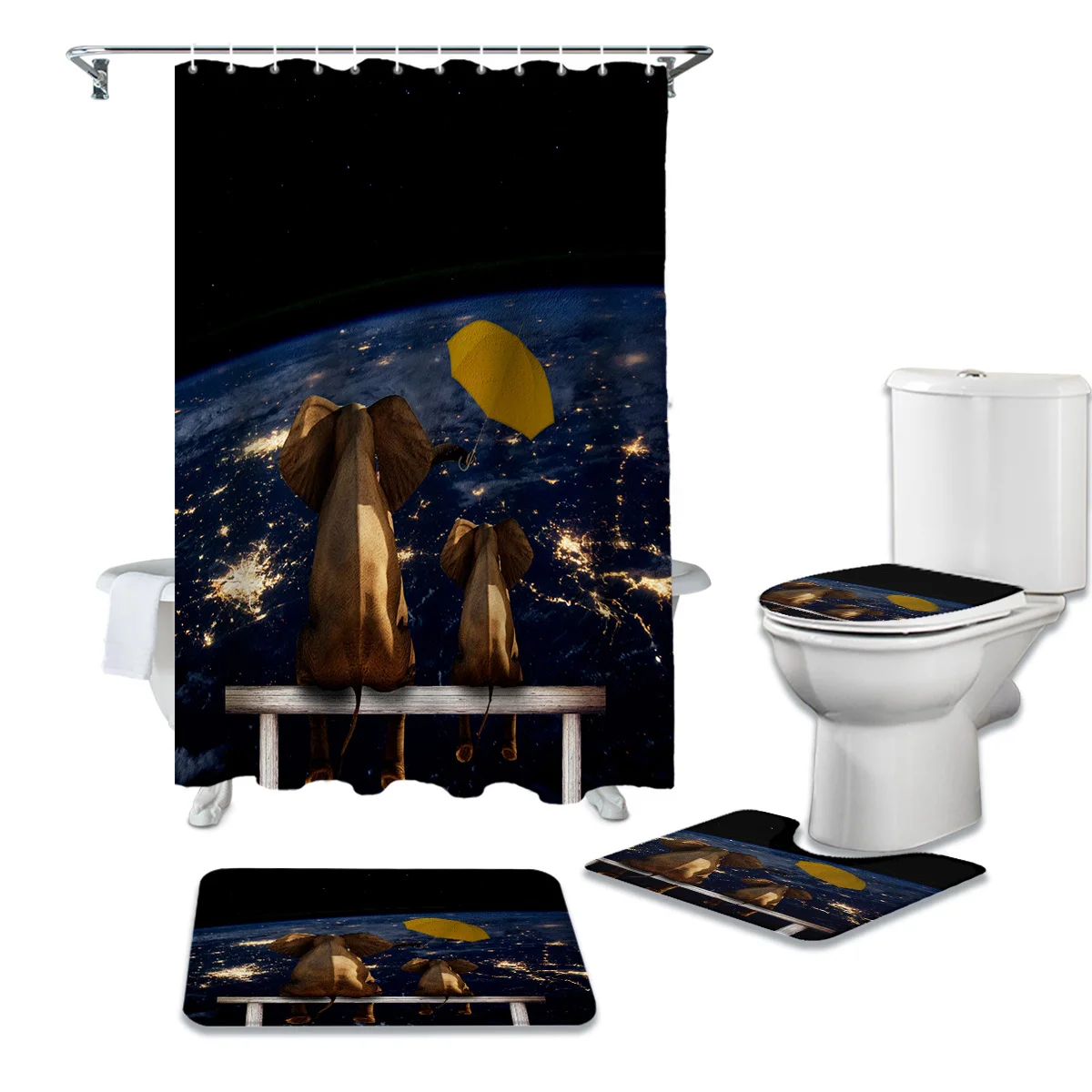 Elephant Watching The Earth Umbrella Shower Curtain Bathroom Waterproof Decor and Rug Sets | Дом и сад