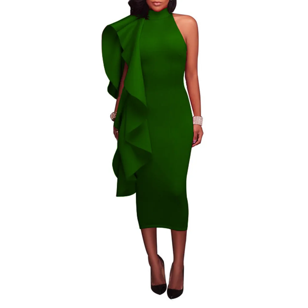 

Office Lady Summer Dress Fashion Slim Oversize African Sexy Temperament Ruffle Buttocks Solid Color Stand-up Collar One Shoulder