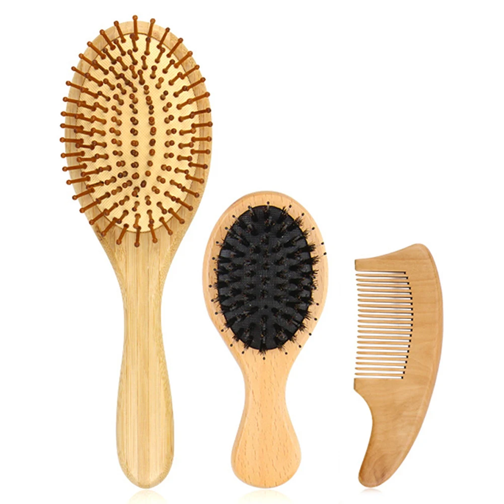 

3pcs/Set Massage Comb Hair Brush Natural Bamboo Handle Pig Bristles Peach Wooden Hair Brush Massage Comb Hairdressing Tool