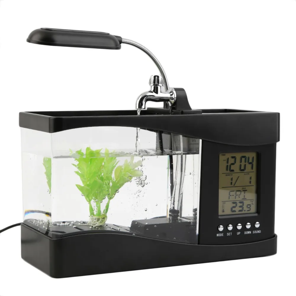 1PCDC 5V USB Desktop Mini Fish Tank Aquarium LCD Timer Clock LED Lamp Light Black Color 24 * 10 14cm | Дом и сад