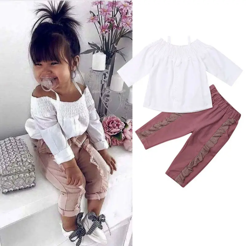 Новинка 2019 года комплекты одежды для маленьких девочек белые топы с открытыми