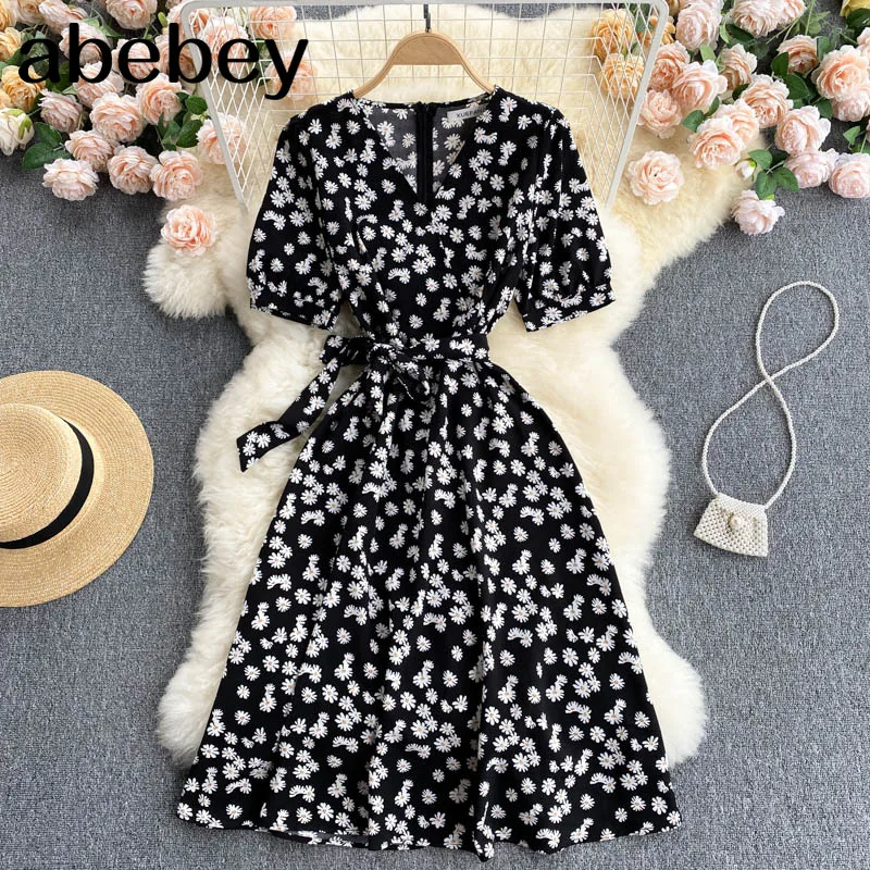 

Women French Floral Dress Sweet Puff Sleeve V Neck Ruched A-line Dresses Summer Boho Print Chiffon Vacation Sundress
