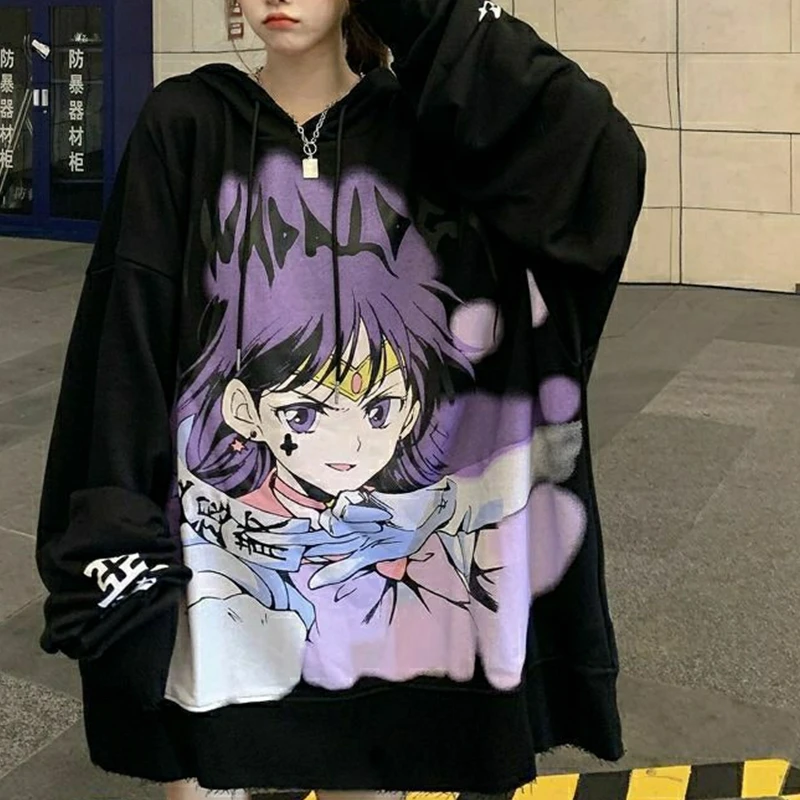 

Anime Kawaii Hoodie For Women'S Autumn Drawstring Hooded Sweatshirt Gothic Cartoon Print Oversized Plus Pullovers Streetwear