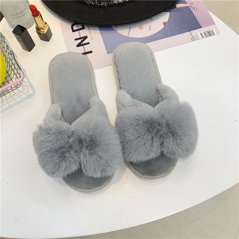 Gray Зимние Модные женские домашние тапочки; теплые вьетнамки из искусственного меха; женские слипоны на плоской подошве; женские шлепанцы фиолетового цвета; большие размеры - Цвет: Gray