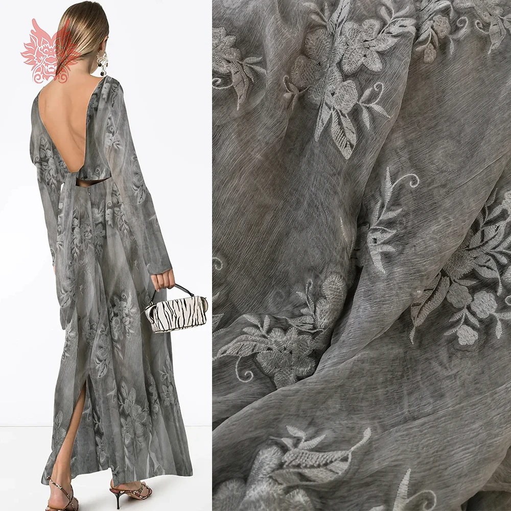 Роскошная серая Цветочная вышивка хлопковая шелковая ткань одежда для лета