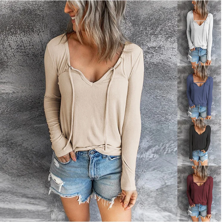 Autumn And Winter 2022 New Women's Casual V-neck Drawstring Solid Color Pullover Thin Long Sleeve T-shirt