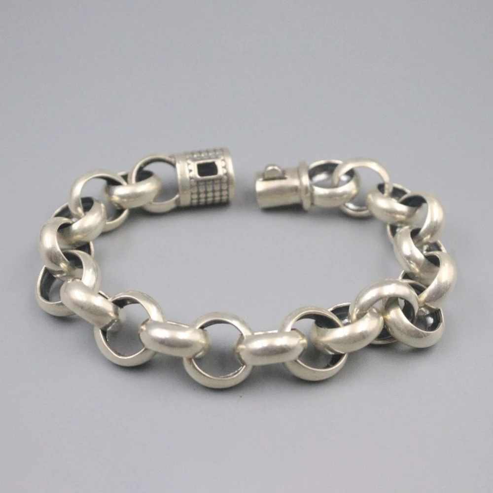 

Pure 925 Sterling Silver Bangle 16mm Round Circle Cable Link Chain Bracelet Men Gift 64-65g / 22cm