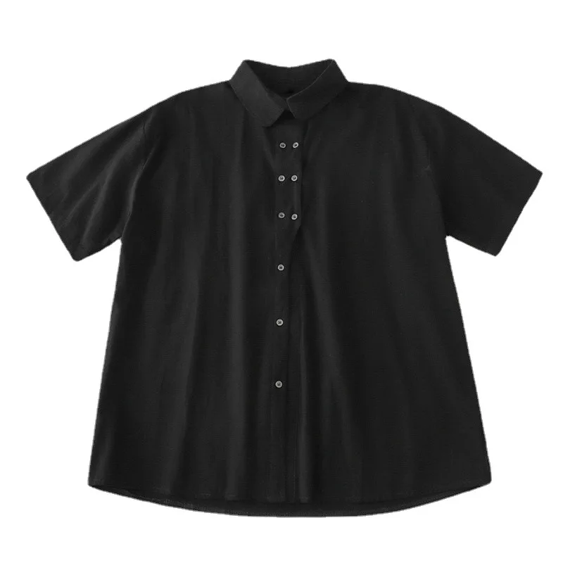 

Bebobsons Summer New Arrivals Black White Basic Shirt Tops Short-sleeved Irregular Placket Women Cotton Blouse Loose