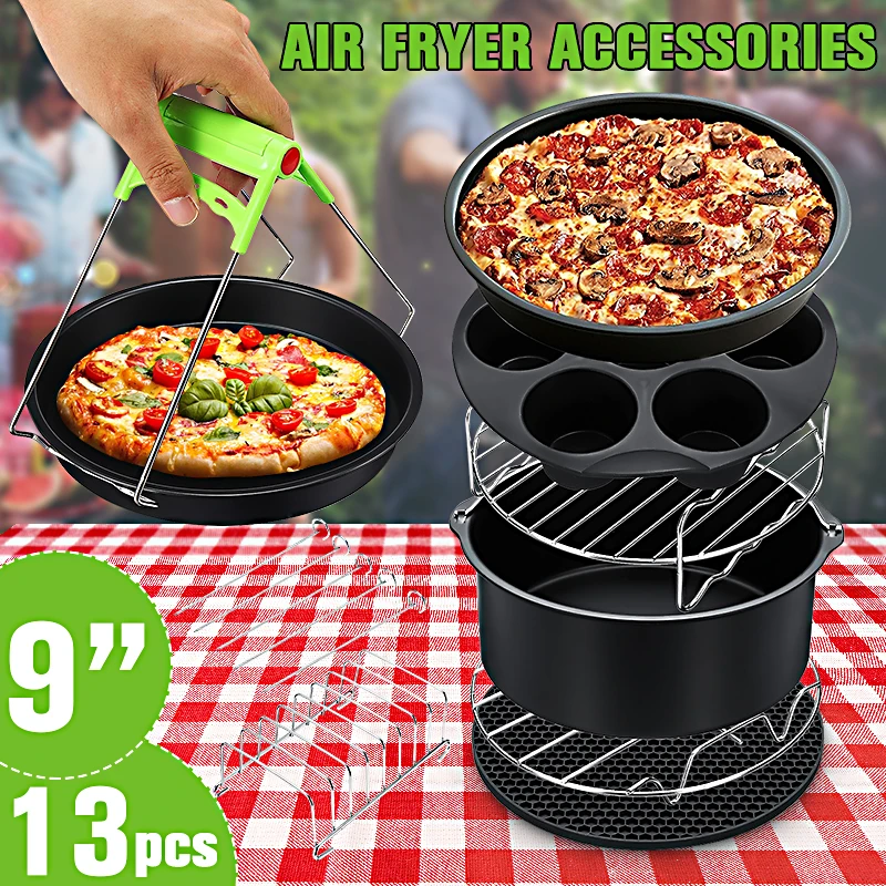 

13Pcs Air Fryer Accessories 9 Inch Fit for Airfryer 5.2-6.8QT Baking Basket Pizza Plate Grill Pot Kitchen Cooking Tool for Party