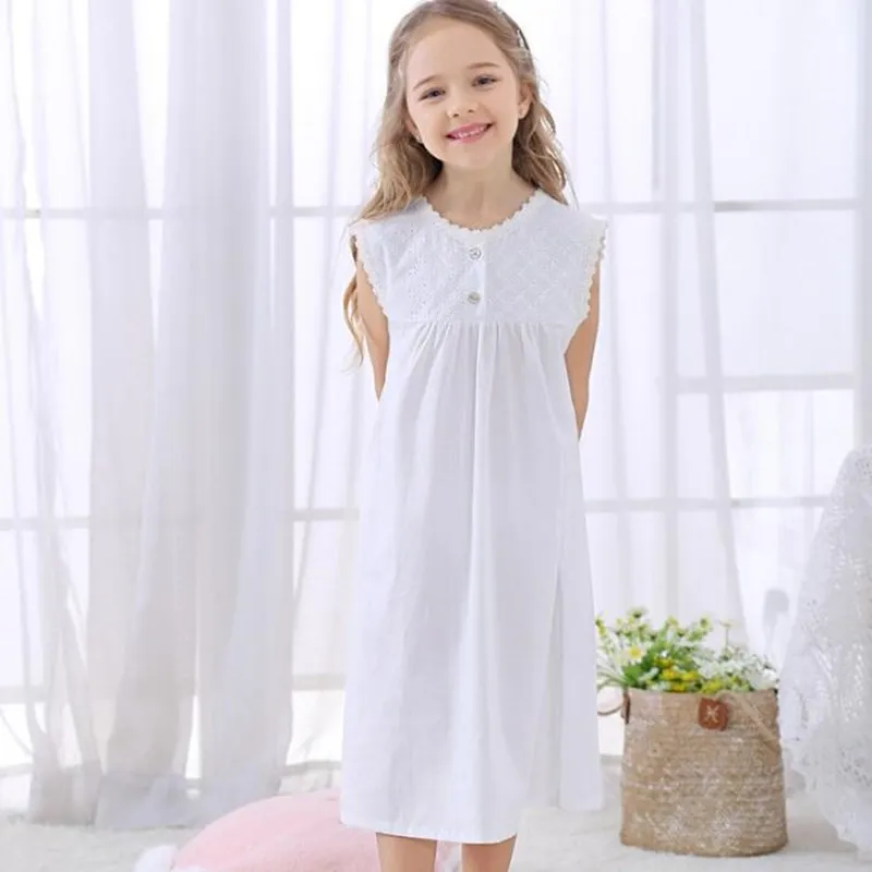 Летняя белая кружевная ночная рубашка без рукавов для девочек хлопковая