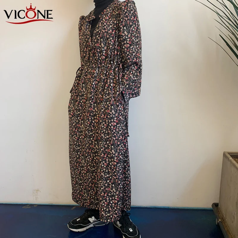 

VICONE Print Robe Dress Women Dress Loose Long Sleeve A-line Vintage Dress Vestidos De Fiesta