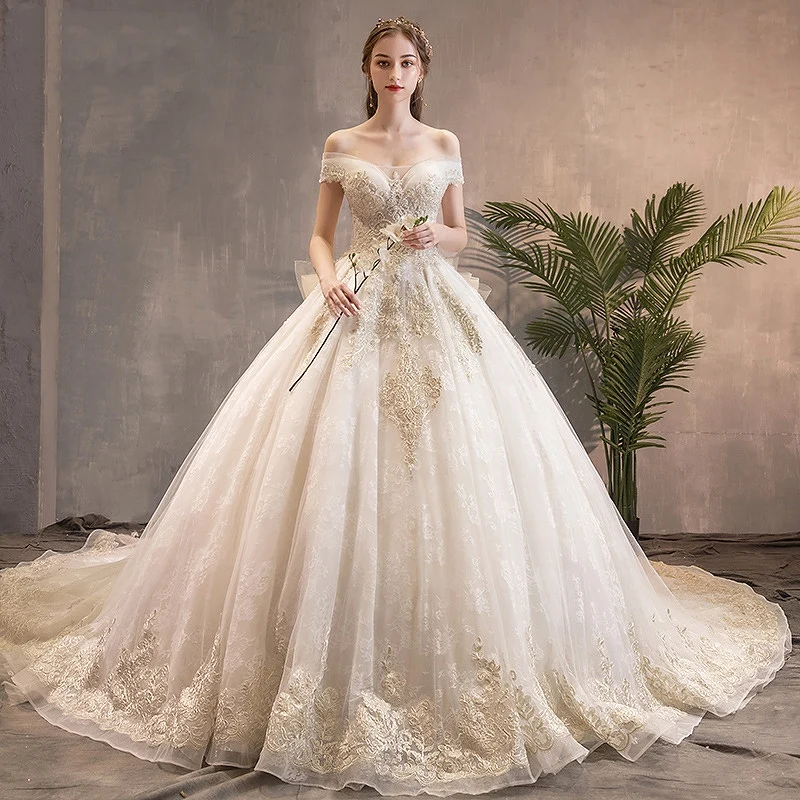 New Luxury Wedding Dress Off the Shoulder Big Bow Back Saudi Arabia Lace Embroidery Beaded Long Train Bridal Gown Boat Neck 2021