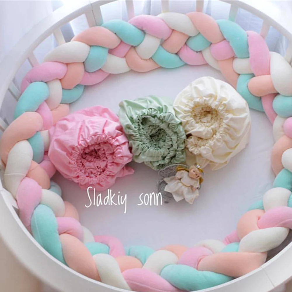 

2M Baby Bed Bumper Four Ply Knot Handmade Long Knotted Braid Weaving Plush Baby Crib Protector Infant Knot Pillow Room Decor