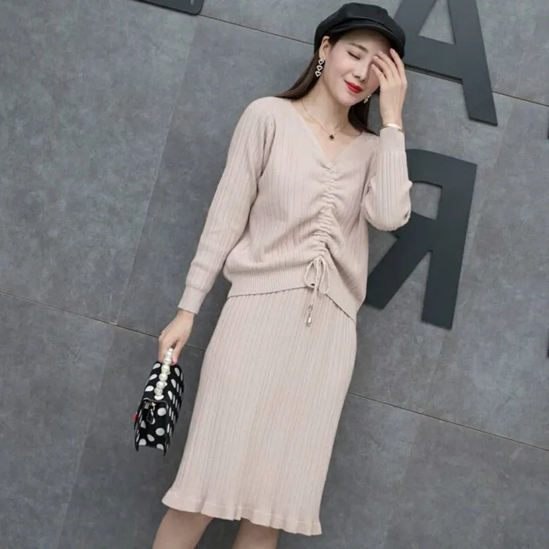 LXMSTH Женский вязаный костюм с юбкой осенне-зимний комплект со шнуровкой