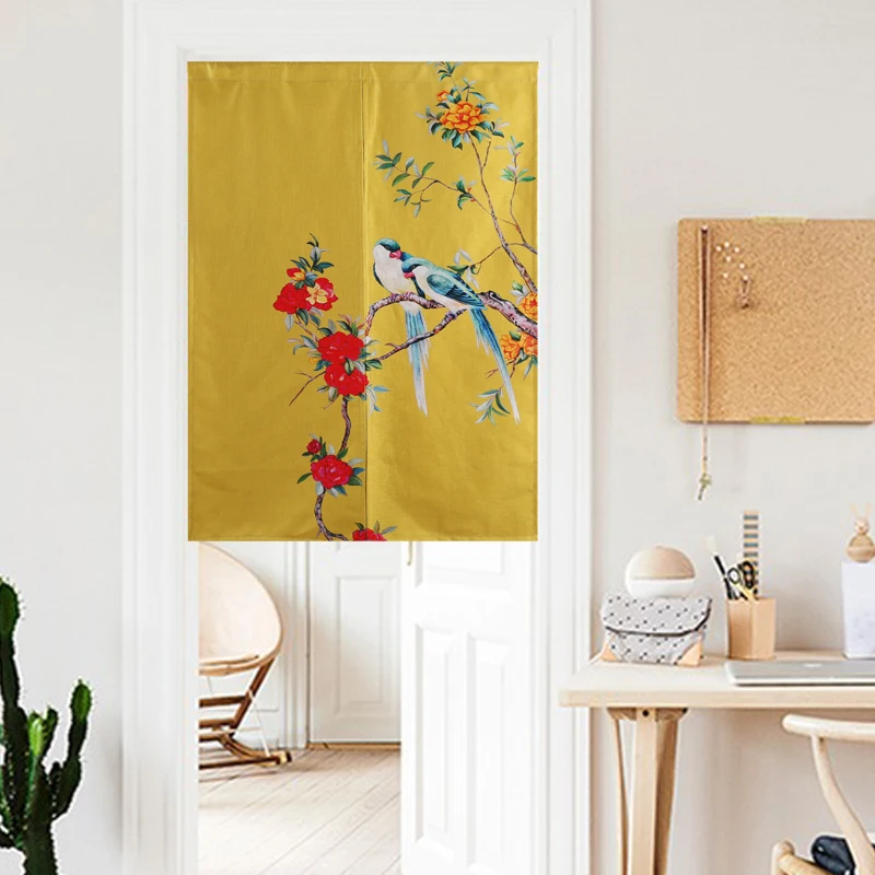 Занавеска льняная в китайском стиле с цветами птицами пейзажем дверью для