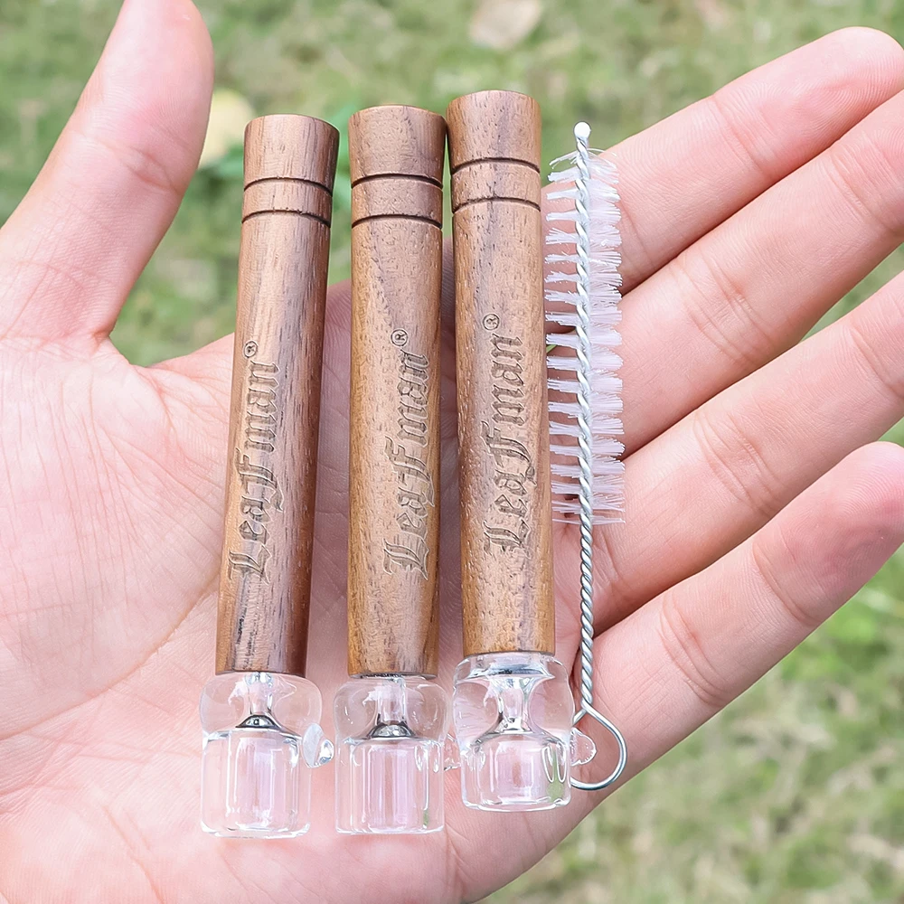 

LeaFMan Glass One Hitter Pipes Bat With Wood Handle 98MM Walnut Wooden Tobacco Pipe +Easy to clean small brush