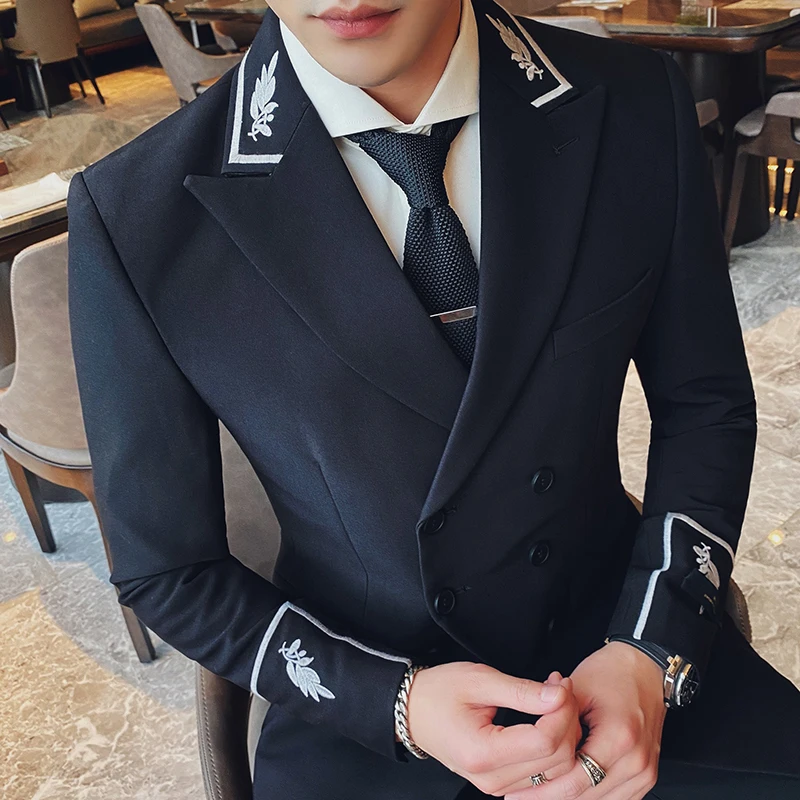 

(Jackets+Pants)Korean Men Costume Blazer Suit Ensembles Homme Embroidery Double Breasted Slim Tuxedo Formal Wedding Groom 2piece