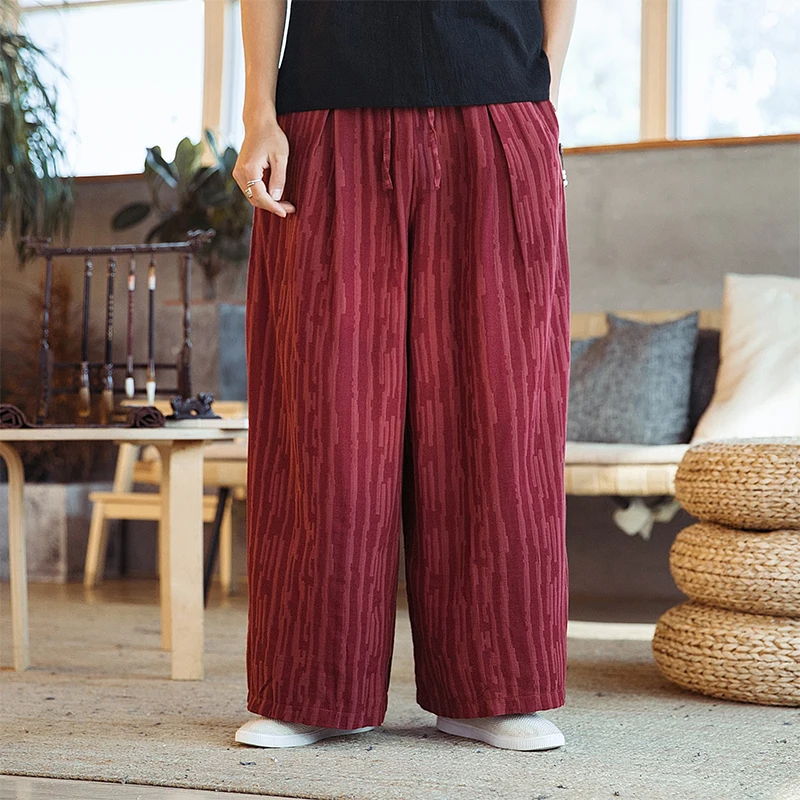 Мужские черные и красные широкие повседневные льняные брюки кимоно юбка мужские