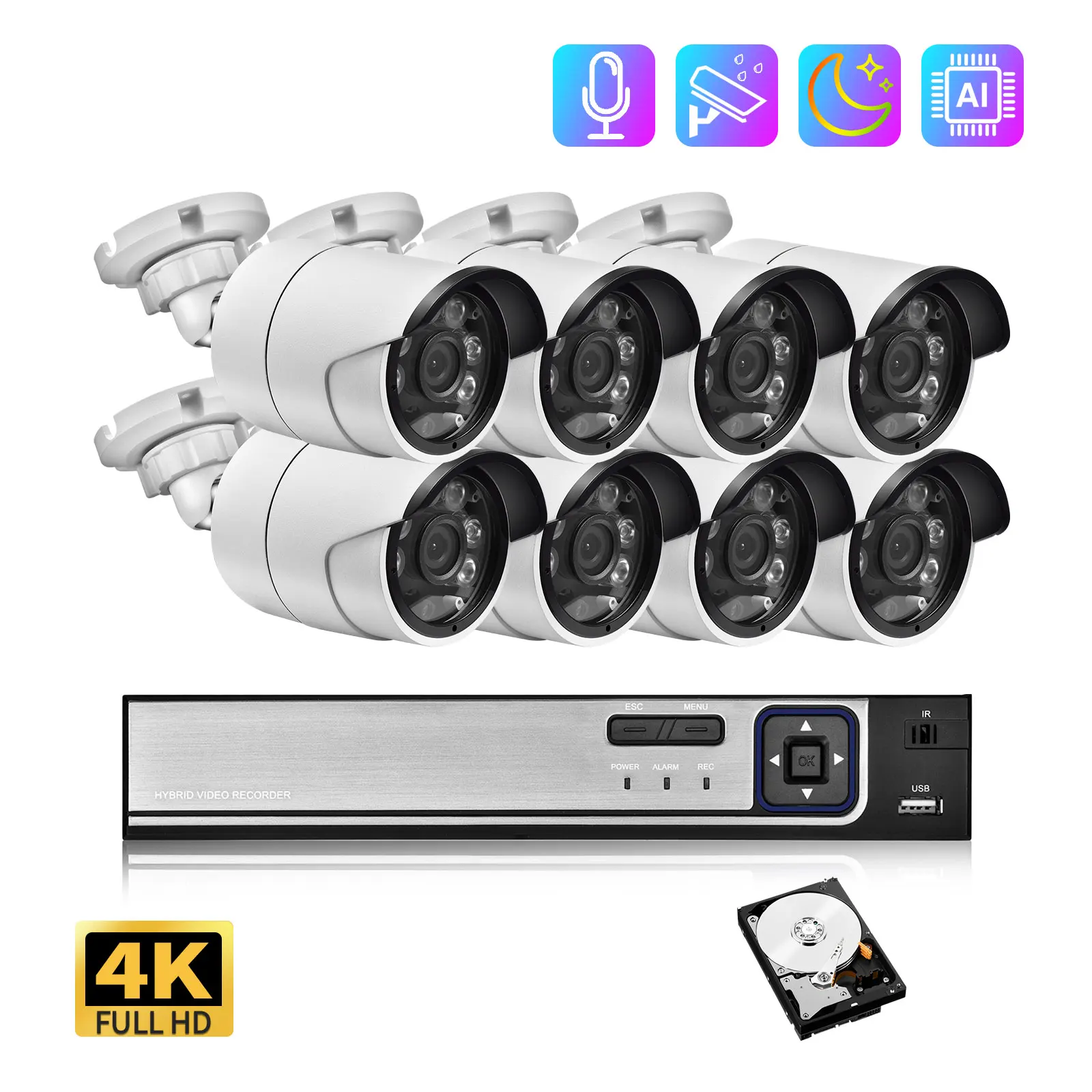 Gadinan 4K 8CH 8MP NVR POE Camera System Kit White Light Source Outdoor Weatherproof Vidio Surveillance Security CCTV Cameras