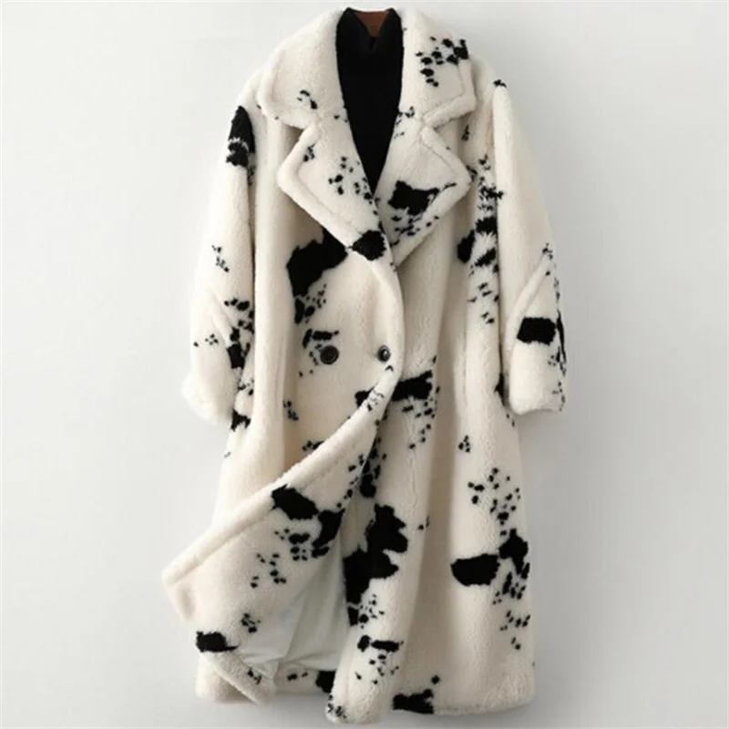 Women's faux fur coat sheep shearing clothes winter warm wool loose long print fashion casual windbreaker manteau femme hiver