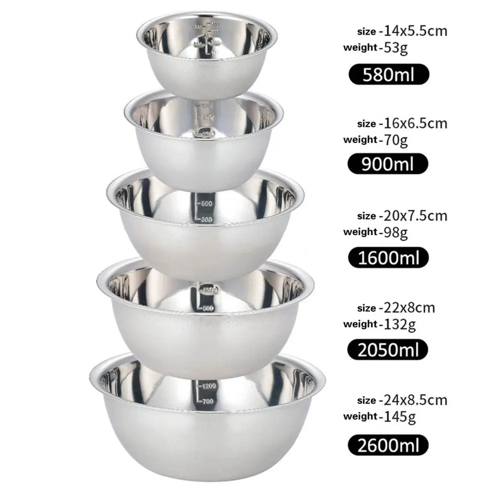 

5Pcs Stainless Steel Mixing Bowls Set Flat Bottom Fruit Salad Cooking Baking Round Bowl Rust-Proof Egg Mixer Bowl Kitchen Supply