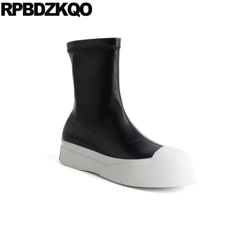 Женские ботильоны на плоской подошве до колена с круглым носком | Обувь