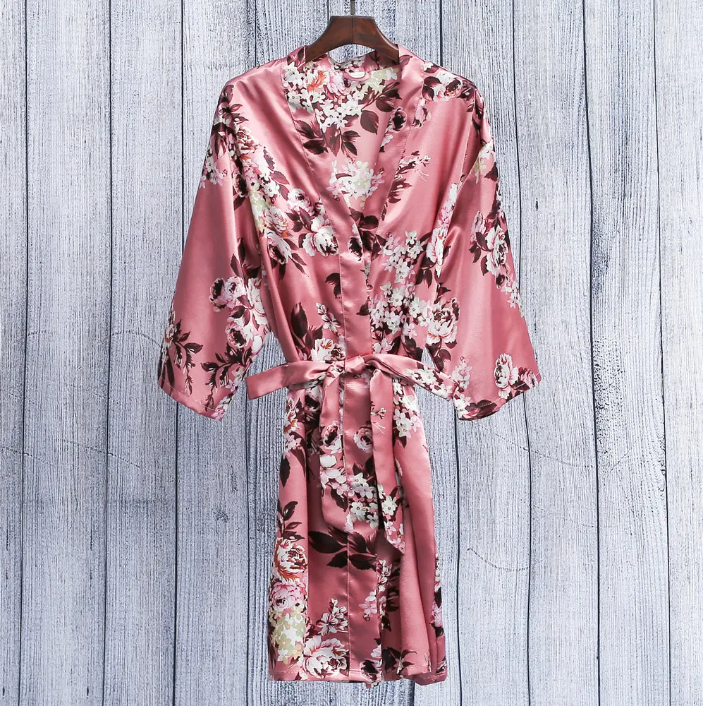 dusky rose Новинка; Атласный халат с цветочным рисунком; вечерние Халаты для невесты; шелковый халат; халат подружки невесты; халат с цветочным узором для девочек; короткий однотонный ночной халат - Цвет: dusky rose