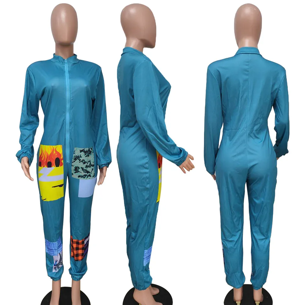 Модный длинный комбинезон с принтом брюки-карго на молнии V-образным вырезом