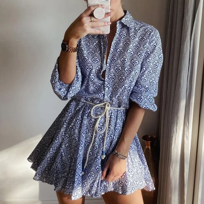 

Elegant Print Women Dress Female Casual Long Sleeve Office Dresses Belt A-line Vintage Sweet Clothing Vestidos