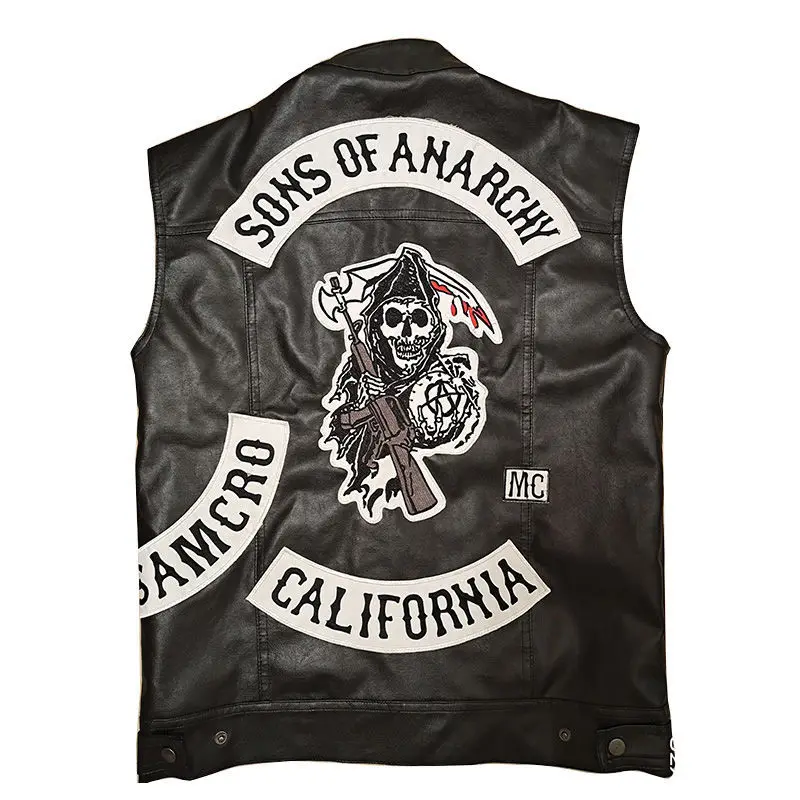 2020 new sons of anarchy embroidery leather rock punk vest cosplay costume black color motorcycle sleeveless vest jacket men free global shipping