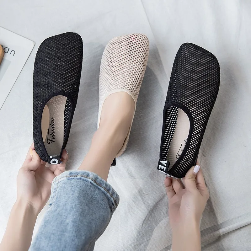 

2021 New Women Summer Flats Slip on Fashion Flats Shoes New Fashion Flats Non-slip Black Basic Mesh Cloth Flat Shoes 35-40