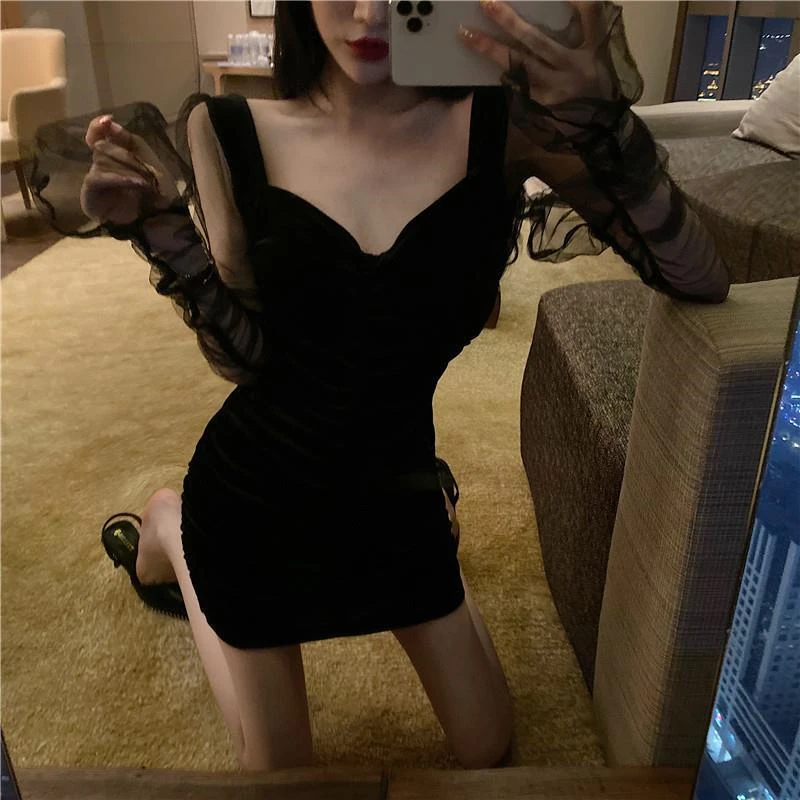 

Elegant Mesh Long Sleeves Velvet Black Dresses For Women 2021 Summer Slim Sexy Dress Casual Square Collar Night Club Mini Dress