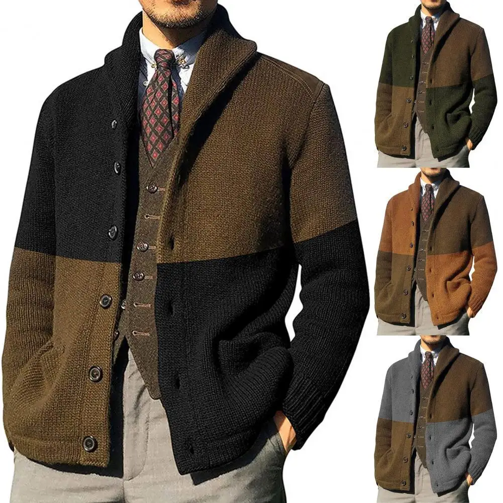 

Men Sweater Casual Long Sleeve Button Pocket Coat Contrast Color Turndown Collar Autumn Winter Lapel Buttons Cardigan Streetwear
