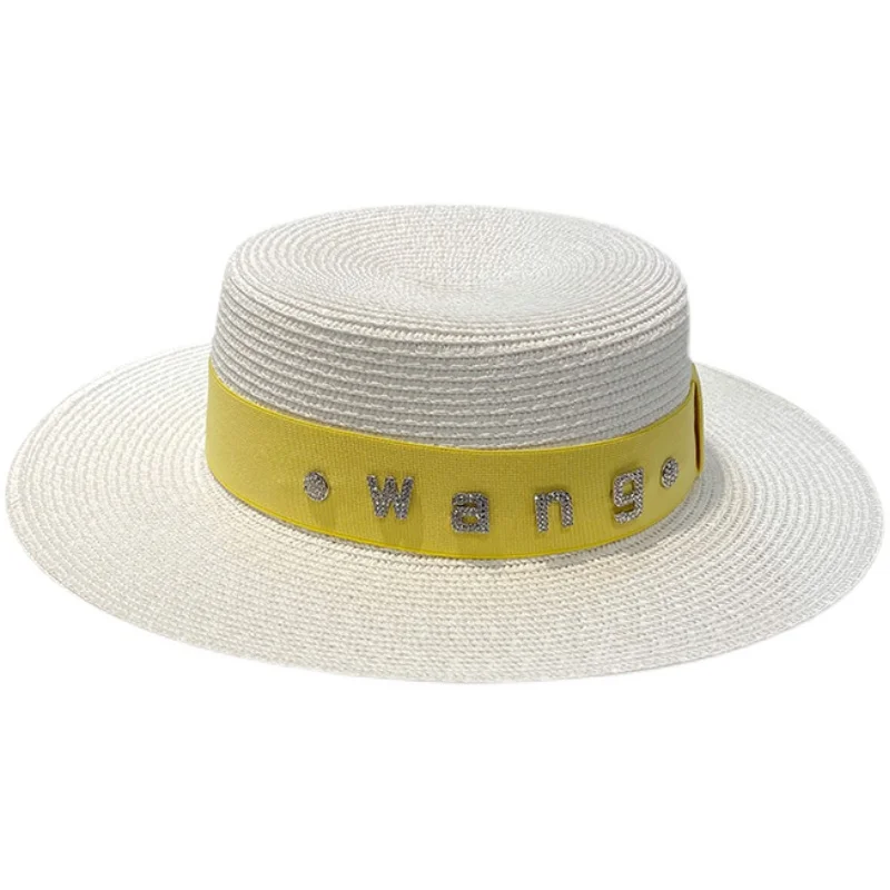 

New net red and white hat women's summer fashion versatile travel letter flat top straw hat sunscreen big eaves hat