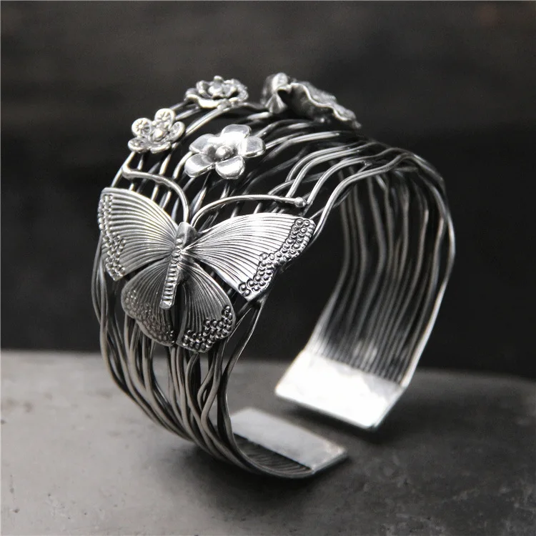 925 sterling silver Bracelet Bangle Women Retro Butterfly Wide Version Open Bracelets Bangles Women Jewelry Fine