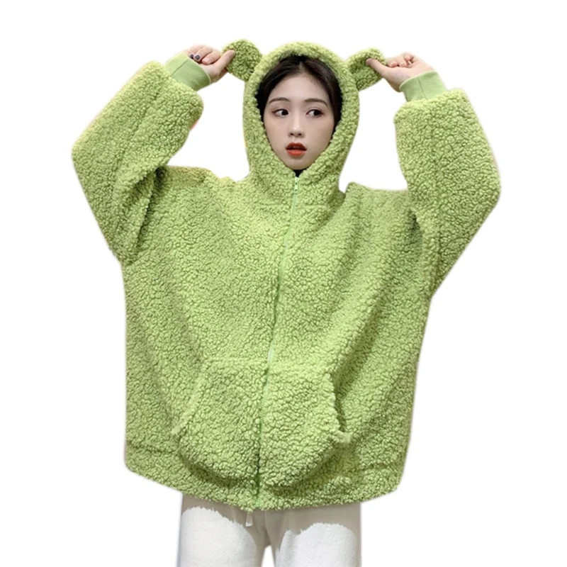

Women Winter Cute Frog Eyes Hoodie Jacket Long Sleeve Faux Wool Shaggy Oversized Coat Harajuku Fuzzy Plush Warm Zip Up Outwear