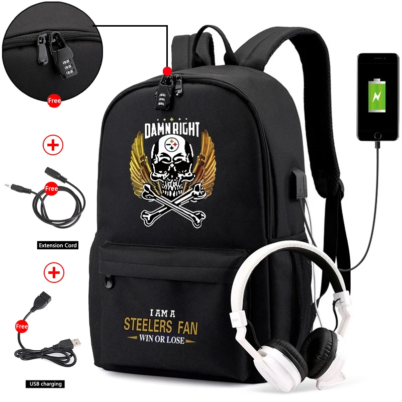 Рюкзак Steelers Fan USB зарядное устройство школьные сумки для подростков мальчиков и
