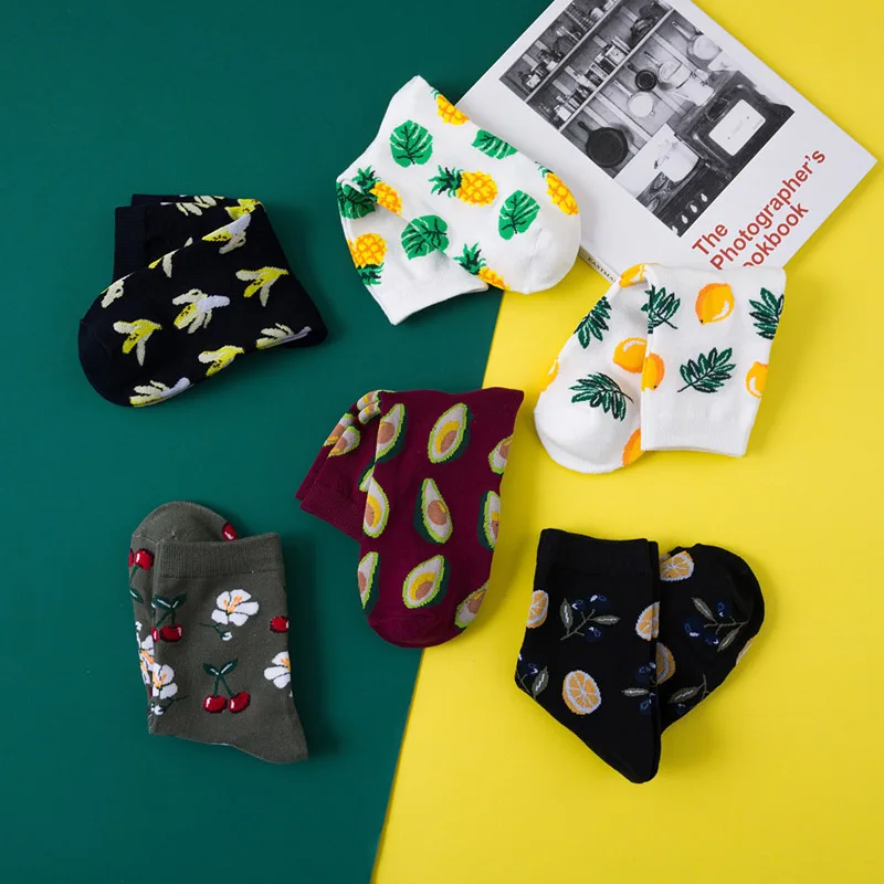 Korean Fresh Fruits Socks Lemon Avocado Pineapple Cherry Blueberry Orange Gardenias Banana Flamingos Plumerias