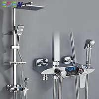 thermostatic shower set polished chrome bathroom shower system spa rainfall waterfall faucets white gold digiltal shower set